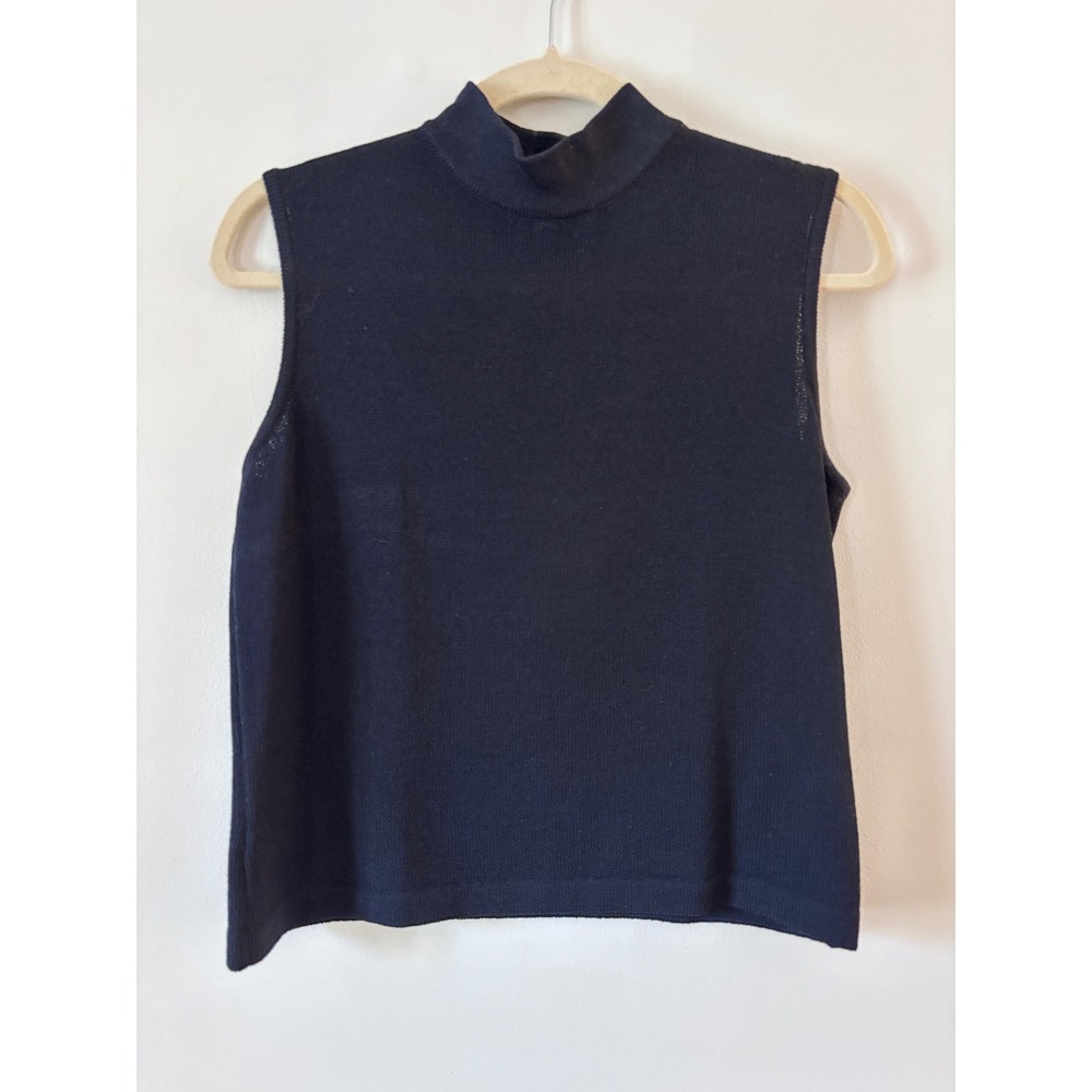 St John Basics‎ Black Sleeveless Mock Neck Knit Top Made in USA Zip Small
